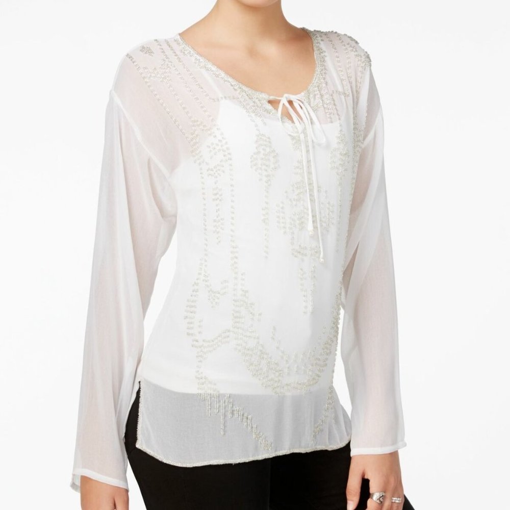 FAIRCHILD Silver Hand Beaded White Blouse Top
